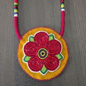 Handcrafted Beaded Necklace with Red and Yellow Floral Design